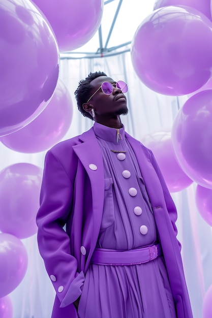 Foto gratuita ritratto di un uomo che indossa abiti di moda color lavanda per il colore dell'anno