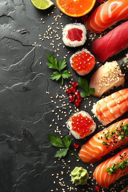 Foto gratuita piatto di sushi di frutti di mare con dettagli e semplice sfondo nero