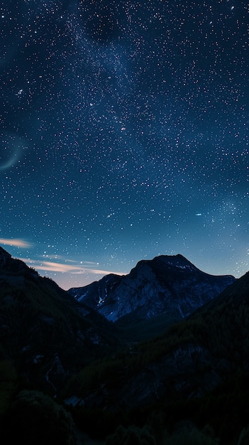 Foto gratuita cielo stellato di notte con paesaggio di montagne