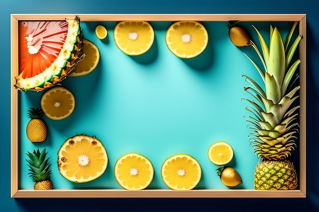 Foto gratuita un vassoio di frutta e un ananas su sfondo blu