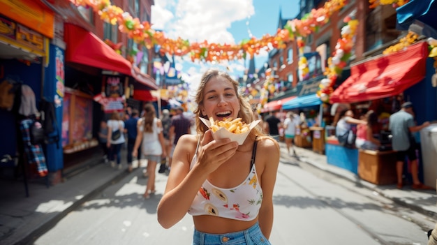 Foto gratuita giovane che si diverte con il cibo di strada