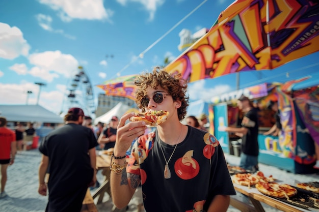 Foto gratuita giovane che si diverte con il cibo di strada