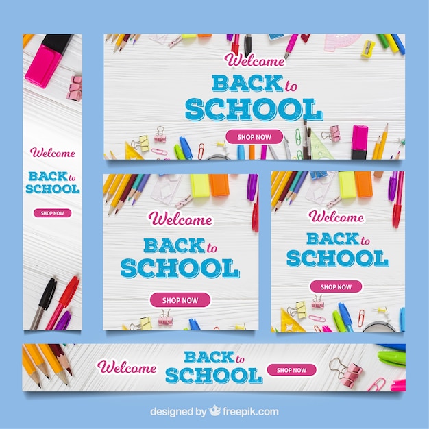 Free vector back to school web banner with photo collection