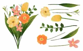 Free vector beautiful bouquet of flowers and leave for decoration in water colors style