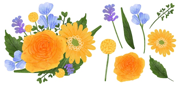 Free vector beautiful bouquet of flowers and leave for decoration in water colors style