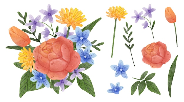 Free vector beautiful bouquet of flowers and leave for decoration in water colors style