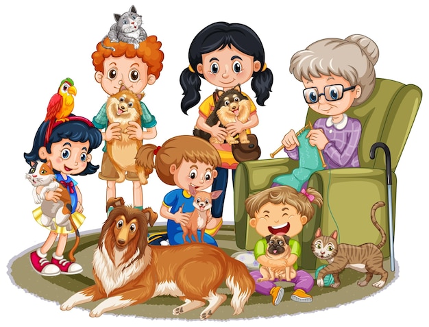 Free vector big family members with many dogs