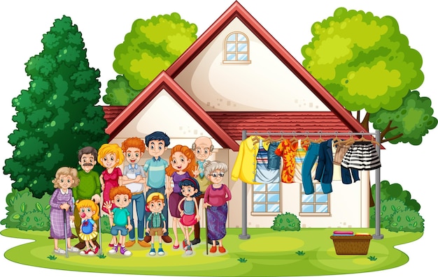 Free vector big family standing outside home isolated