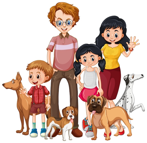 Free vector family members with many dogs in cartoon style