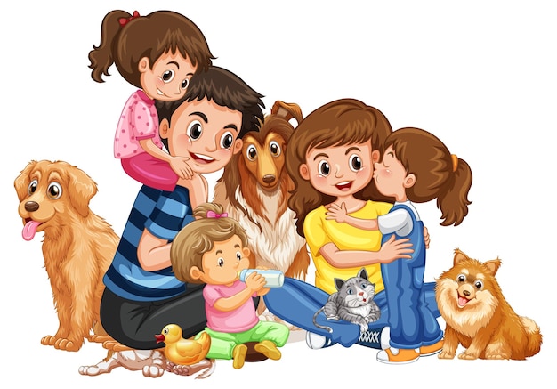 Free vector happy family with their dogs on white background