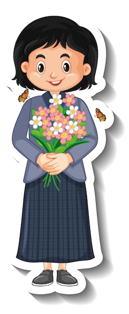 Free vector happy girl holding a bouquet flower cartoon sticker