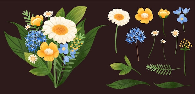 Free vector large botanical set of wild flowers set of separate parts and bring together to beautiful bouquet of flowers in water colors style on white background flat vector illustration