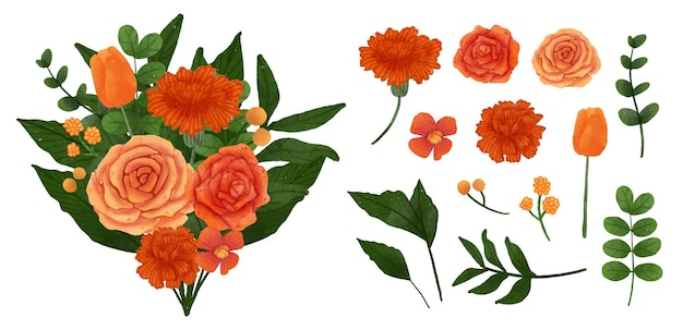 Free vector large botanical set of wild flowers set of separate parts and bring together to beautiful bouquet of flowers in water colors style on white background flat vector illustration