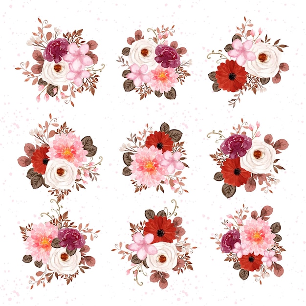 Free vector red and white watercolor floral bouquet collection