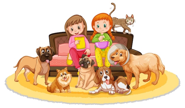 Free vector two girls sitting on sofa with their pets