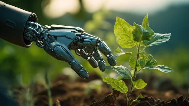 Un bras de robot plantant un arbre dans un champ vert