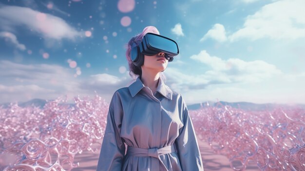 Femme avec des lunettes VR expérimentant le métaverse