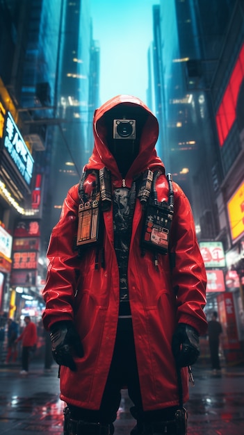 Guerrier cyberpunk dans un paysage urbain