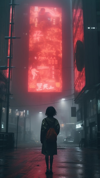 Guerrier cyberpunk regardant au-dessus de la ville