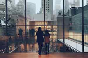 Photo gratuite plan large de deux femmes debout devant une immense fenêtre en verre en regardant la vue des immeubles de grande hauteur