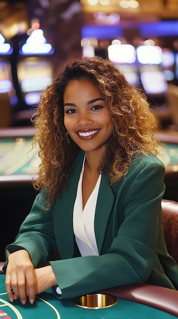 Photo gratuite portrait d'une femme jouant au poker dans un casino