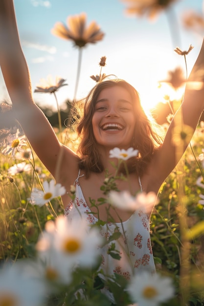 Photo gratuite scène de bonheur photoréaliste avec une femme heureuse