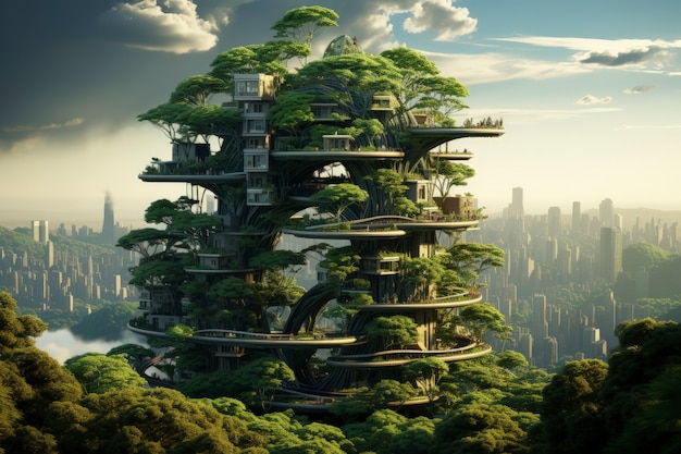 Vue sur une ville futuriste avec beaucoup de végétation et de verdure