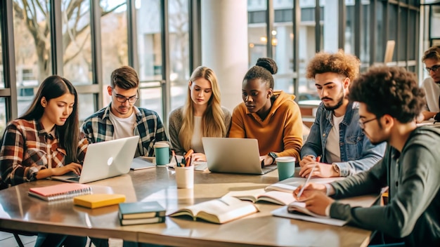 Photo des amis d'université travaillant sur un projet engagés dans des discussions et des recherches sur les marches de la bibliothèque du campus