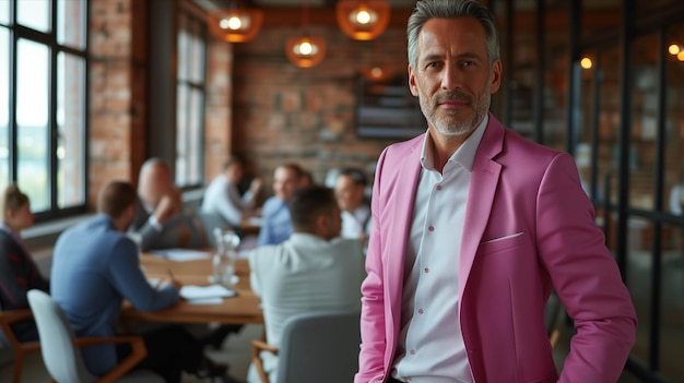 Photo un ancien homme d'affaires caucasien se tient devant la table de conférence avec confiance dans son poste.