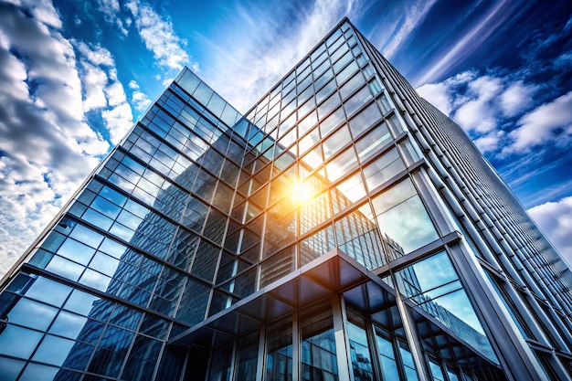 Photo bâtiment moderne en verre avec un fond de ciel bleu vue et détails architecturaux fenêtres abstraites urbaines d'un immeuble de bureaux en verre en plein soleil noir et blanc