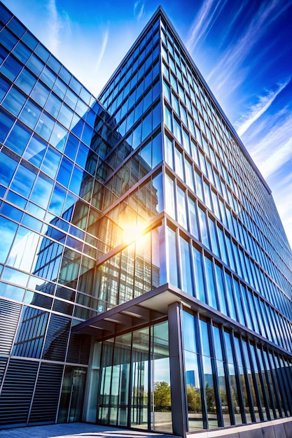 Photo bâtiment moderne en verre avec un fond de ciel bleu vue et détails architecturaux fenêtres abstraites urbaines d'un immeuble de bureaux en verre en plein soleil noir et blanc