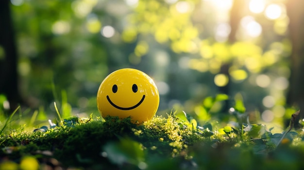 Photo célébrez la journée mondiale du sourire avec un smiley jaune joyeux sur un sol de forêt vert luxuriant