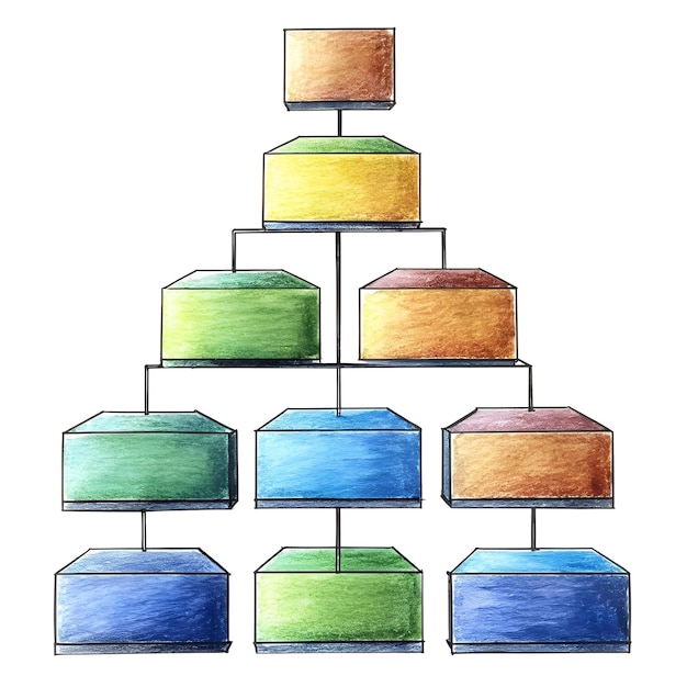 Photo chartes d'organisation dessinées à la main avec des boîtes colorées représentant la hiérarchie et la structure