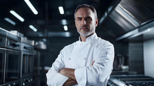 Photo chef d'âge moyen avec une expression sérieuse debout dans une grande cuisine industrielle bras traversés grands fours en arrière-plan portant un uniforme blanc vierge lumière cinématographique douce