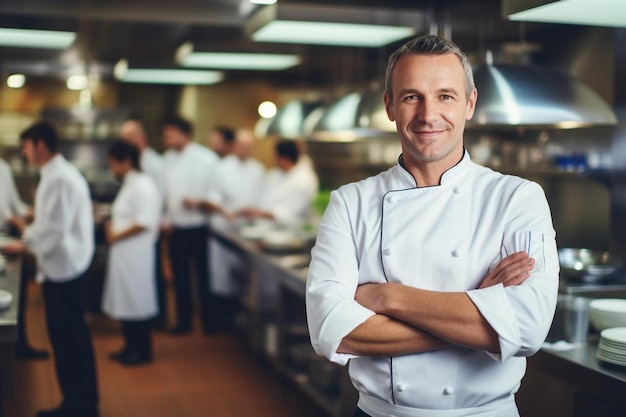 Photo un chef se tient dans une cuisine avec ses bras croisés