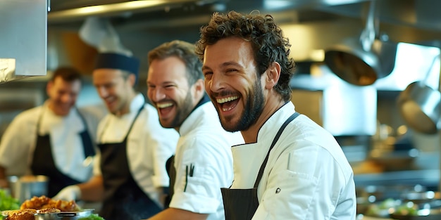 Photo les chefs cuisinent et rient dans une cuisine animée.