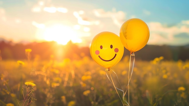 Photo deux ballons jaunes, l'un avec un visage souriant, flottent dans un champ de fleurs jaunes au coucher du soleil.