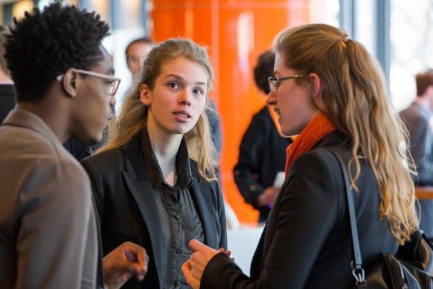 Photo Étudiants lors d'une foire des carrières discutent et se connectent dans un immeuble de bureaux moderne étudiants en réseau lors d'un salon des carrières