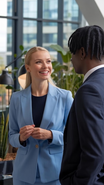 Photo une femme d'affaires blonde souriante qui parle avec un homme d'affaires au bureau.