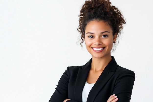 Photo une femme d'affaires joyeuse avec les bras croisés et le dos blanc.