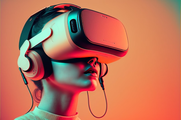 Femme caucasienne dans un casque vr orange sur fond orange créé à l'aide de la technologie générative ai