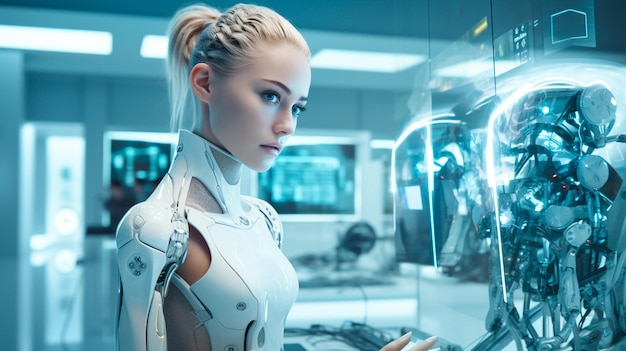 Une femme cyborg dans le laboratoire.