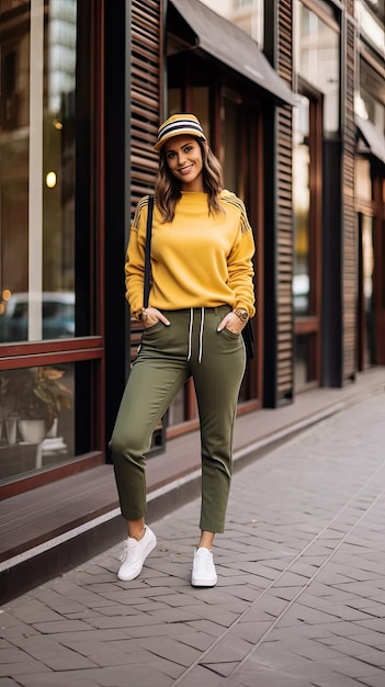 Photo une femme dans un haut jaune se tient sur un trottoir devant un magasin