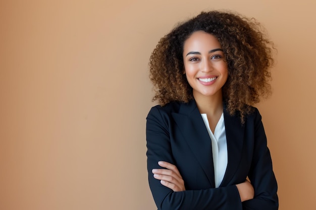 Photo une femme latine joyeuse debout avec les bras croisés sur un fond pastel ia générative