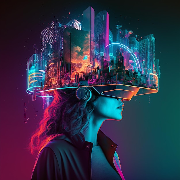 Une femme portant un casque vr avec une ville sur le dessus.