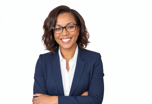 Photo une femme portant des lunettes et un costume bleu avec une chemise blanche et des lunettes noires