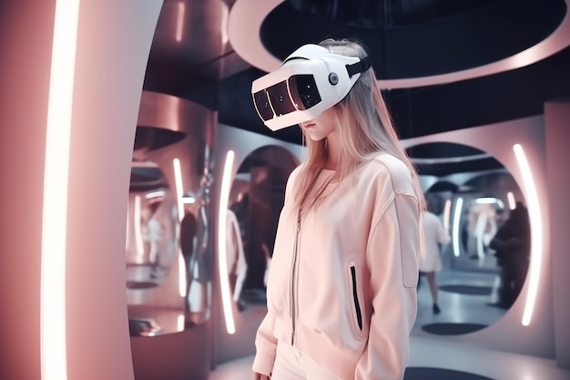 Une fille dans un casque VR se promène dans une boutique cliente utilisant l'IA générative de réalité virtuelle