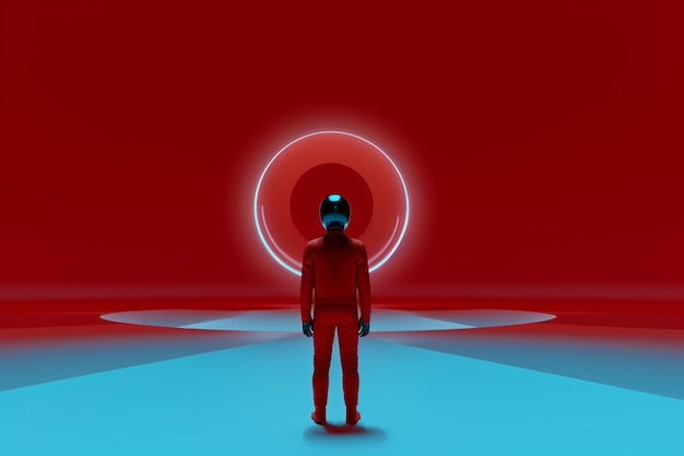 Un fond rouge et bleu avec un homme en costume rouge debout devant un grand cercle rouge.