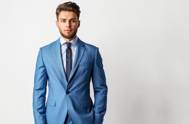 Photo un homme en costume bleu se tient devant un fond blanc