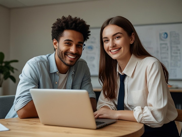 Photo un homme et une femme regardent un ordinateur portable